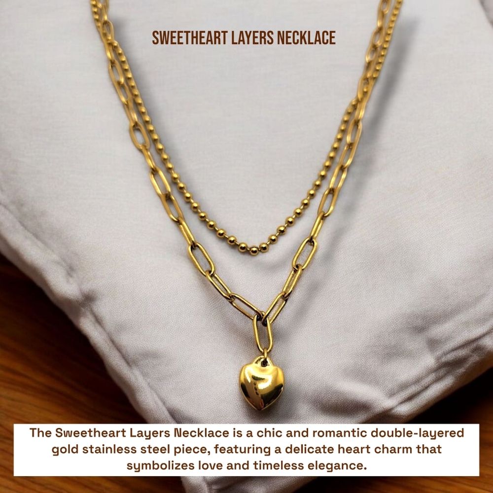 Gold Stainless Steel double Layered Hear Charm Necklace